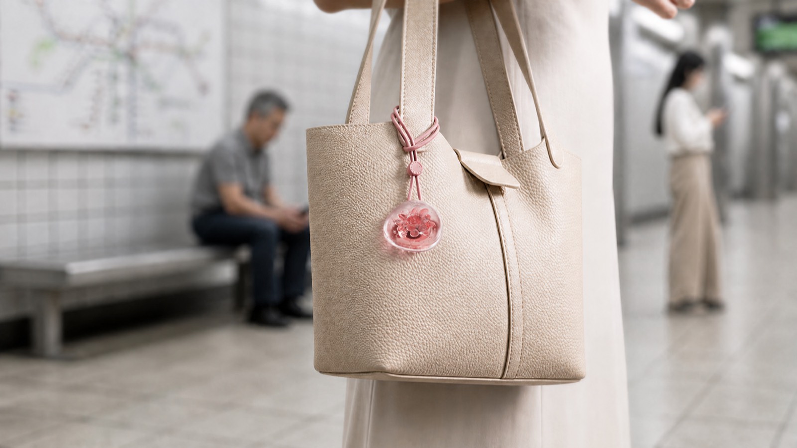 The pink vuvu Lanyard hanging from a tote bag