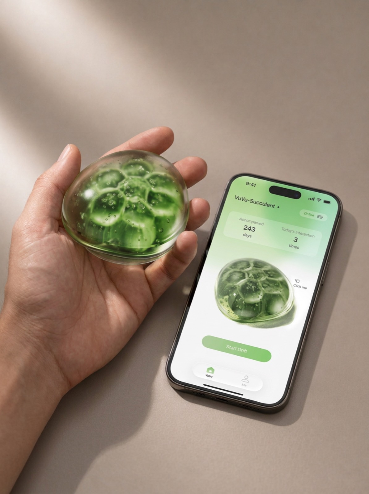 A hand holding vuvu beside the companion app