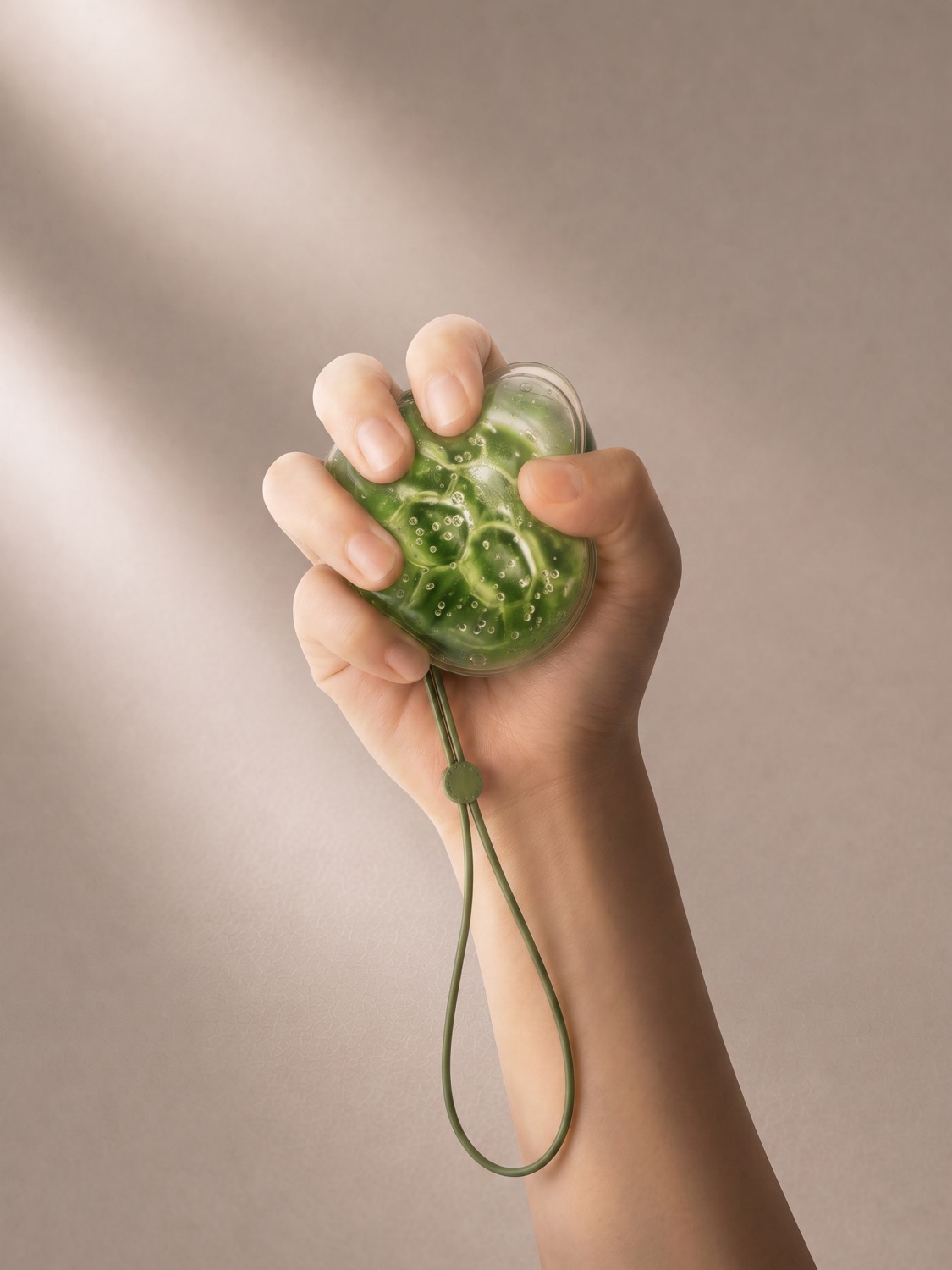 A hand squeezing the green vuvu, lanyard hanging from the wrist