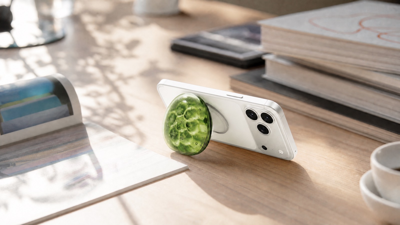 A phone propped upright on the green vuvu, used as a stand on a sunlit desk