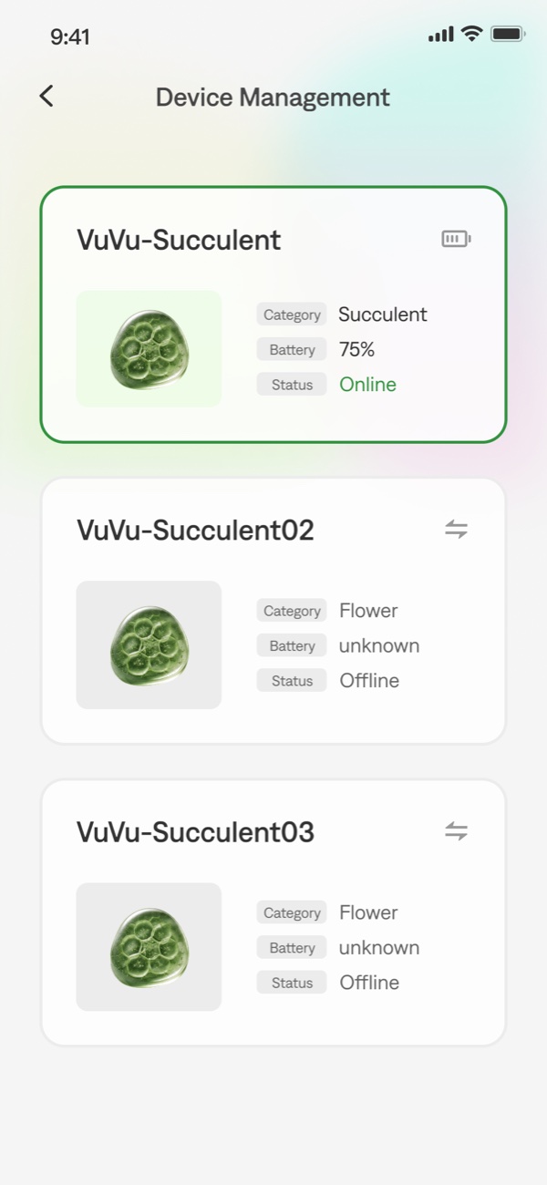 Device Management: each vuvu with its category, battery and status