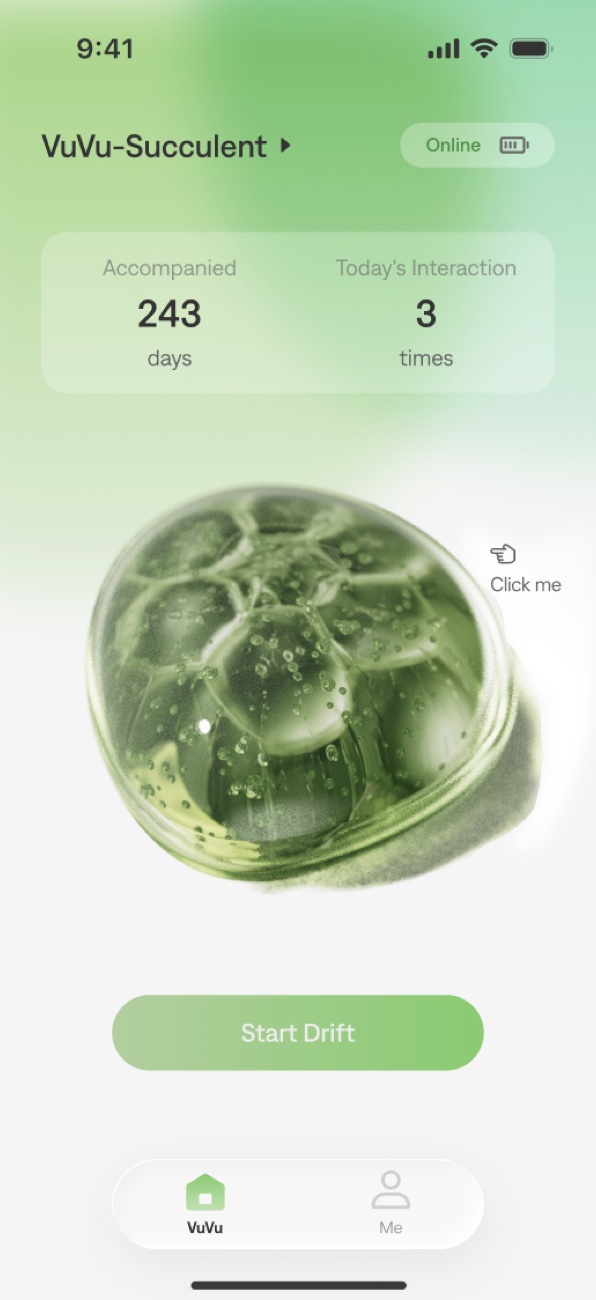 Home screen with the vuvu and a Start Drift button