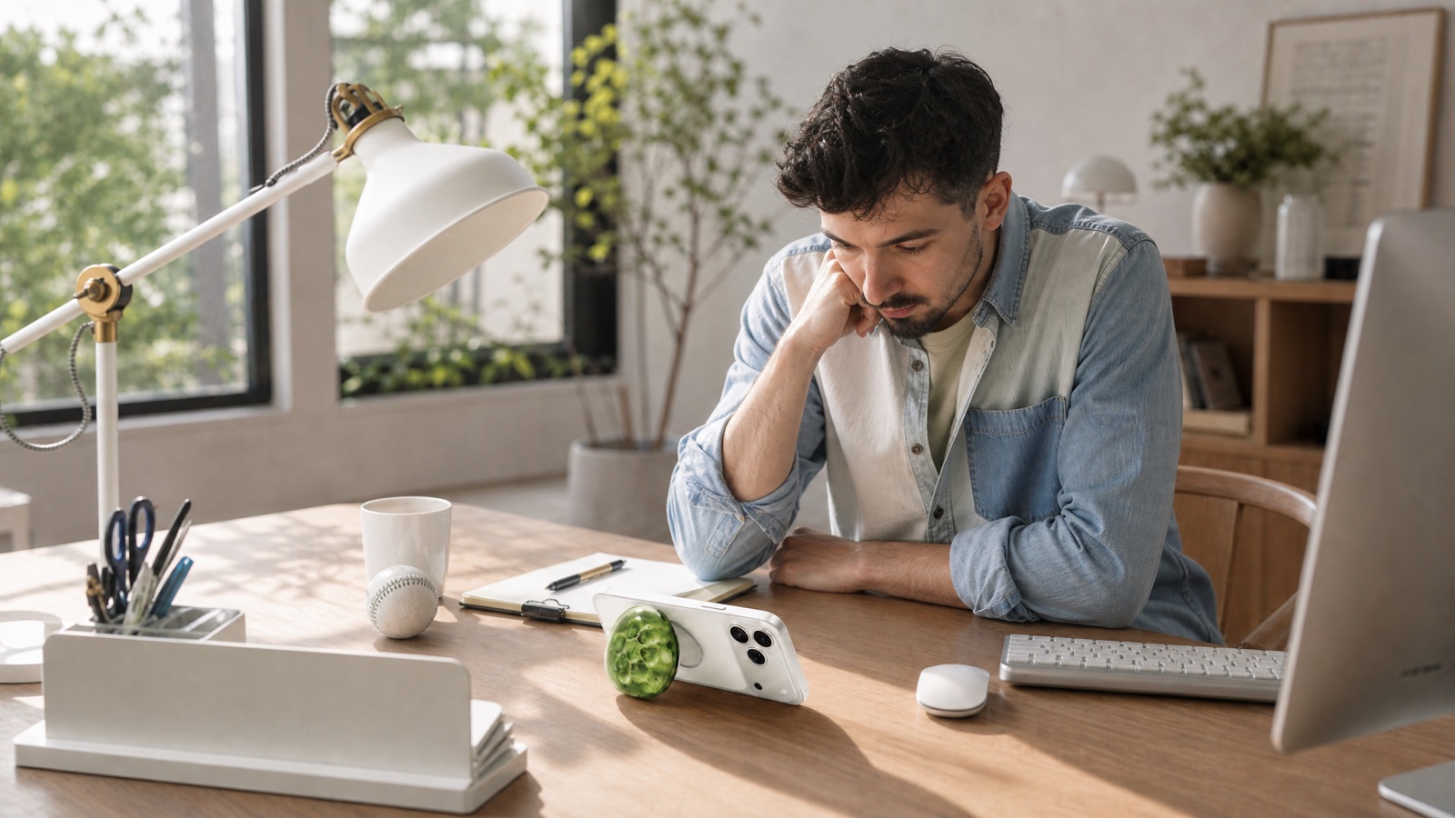 A man at his desk before a call, Jade Jardin vuvu on the back of his phone