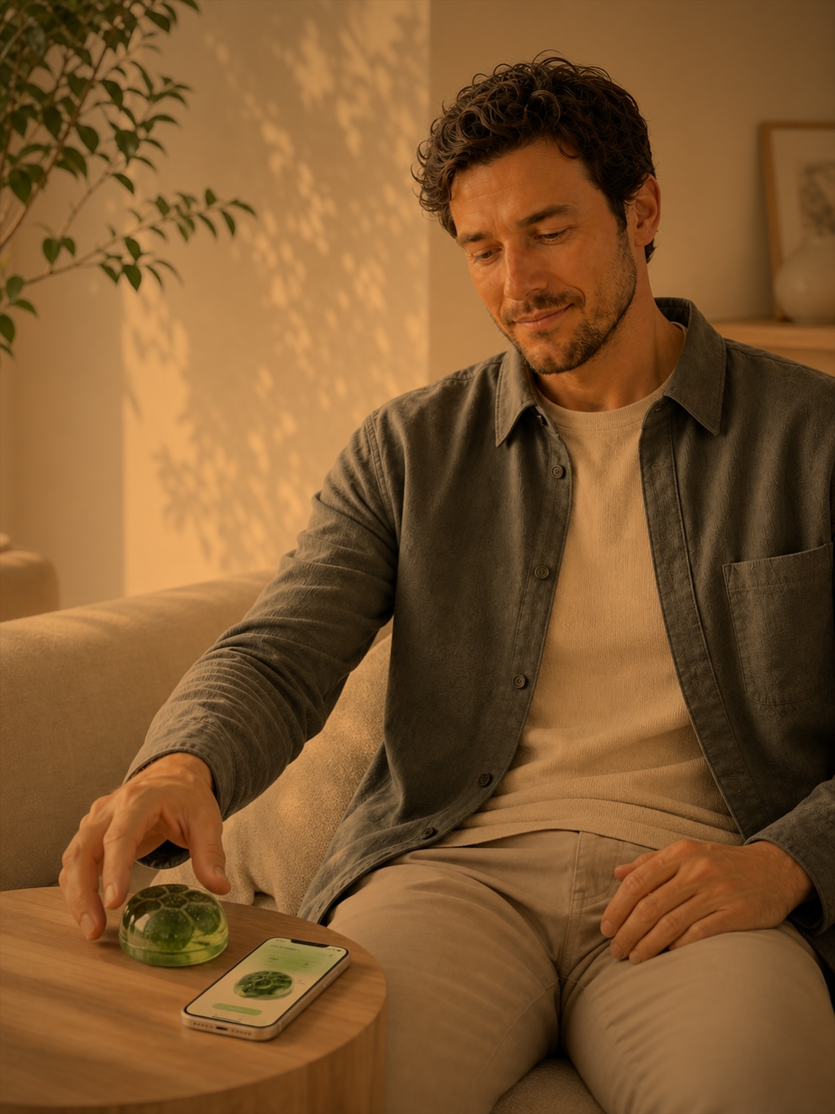 A man unwinding on his sofa at home in warm evening light, reaching for vuvu on the side table